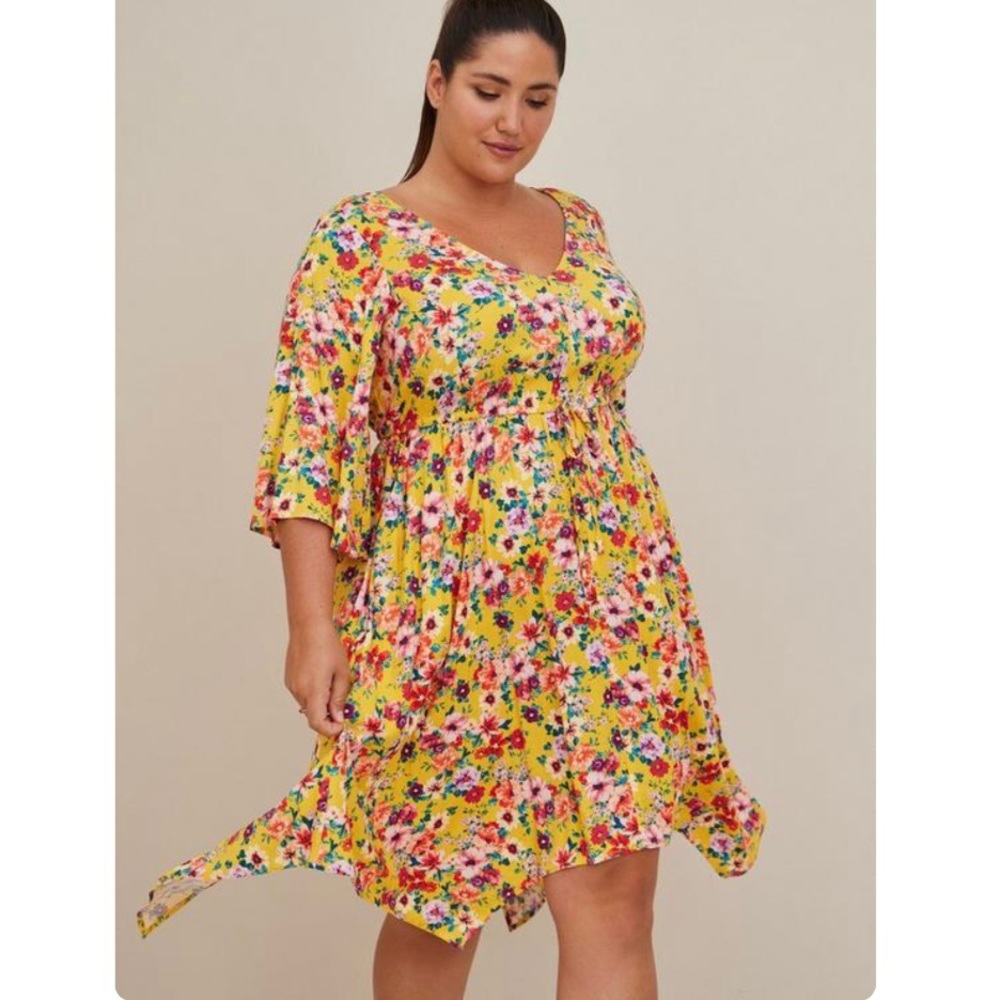 Torrid Babydoll Dress in Yellow Stretch Challis Floral Print
